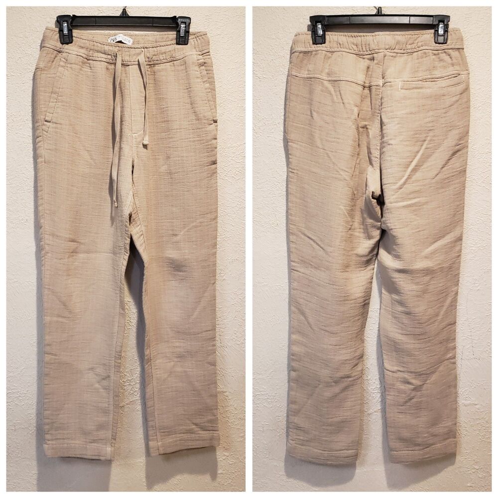 Zara Women’s Textured Pants Sz S Small Beige High Waist Straight Wide Leg Pant